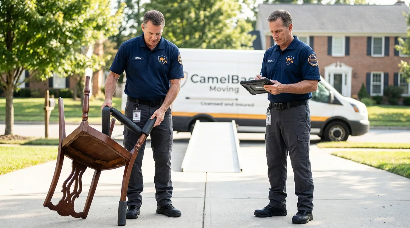 Movers inspecting furniture for damage prevention before loading in Walterboro, SC